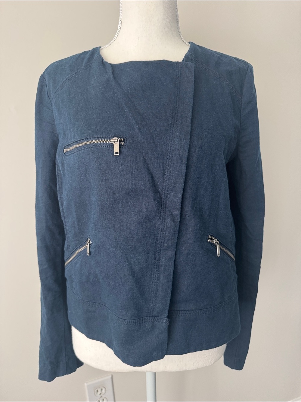 Banana Republic Factory Linen-cotton Blend Moto Jacket in a dark blue Size Small - Picture 3 of 11
